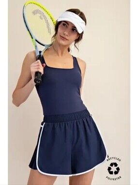 Rae Mode Women's Navy Square-Neck Tennis Romper with White Trim